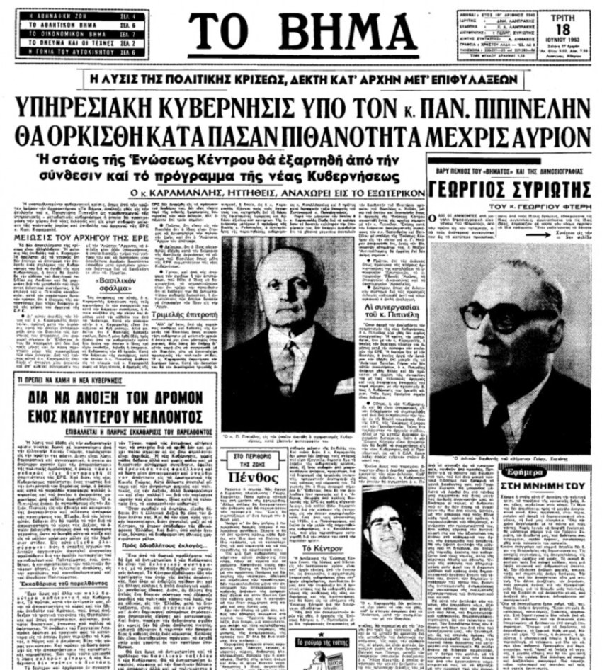 Πρωτοσέλιδο της εφημερίδας «Το Βήμα» της 18ης Ιουνίου 1963, όπου αναγγέλλεται το βαρύ πένθος της εφημερίδας από το θάνατο του διευθυντή της